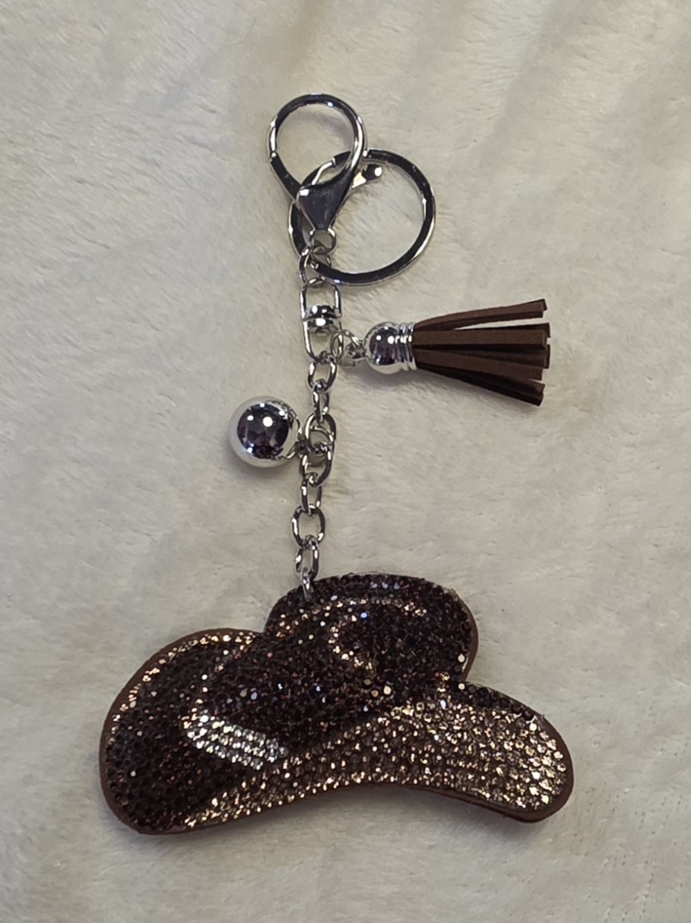 Brown Crystal Cowgirl Hat Bag Charm Keychain with Tassel